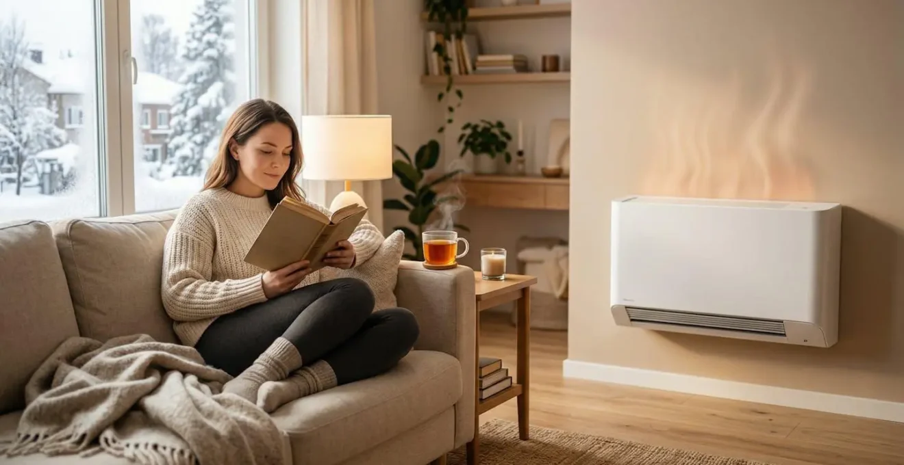 Climatiseur monobloc diffusant de la chaleur dans un appartement en hiver