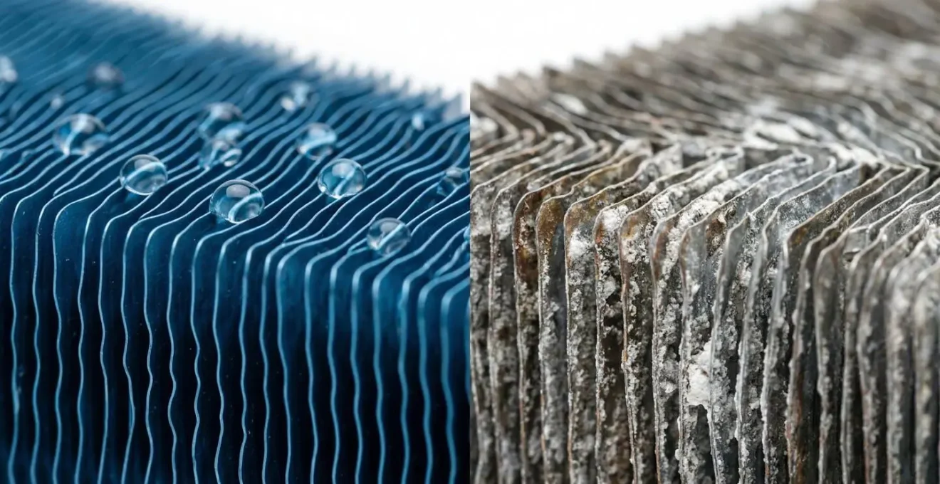 Comparaison macro d'un échangeur avec traitement Blue Fin et sans traitement après exposition saline