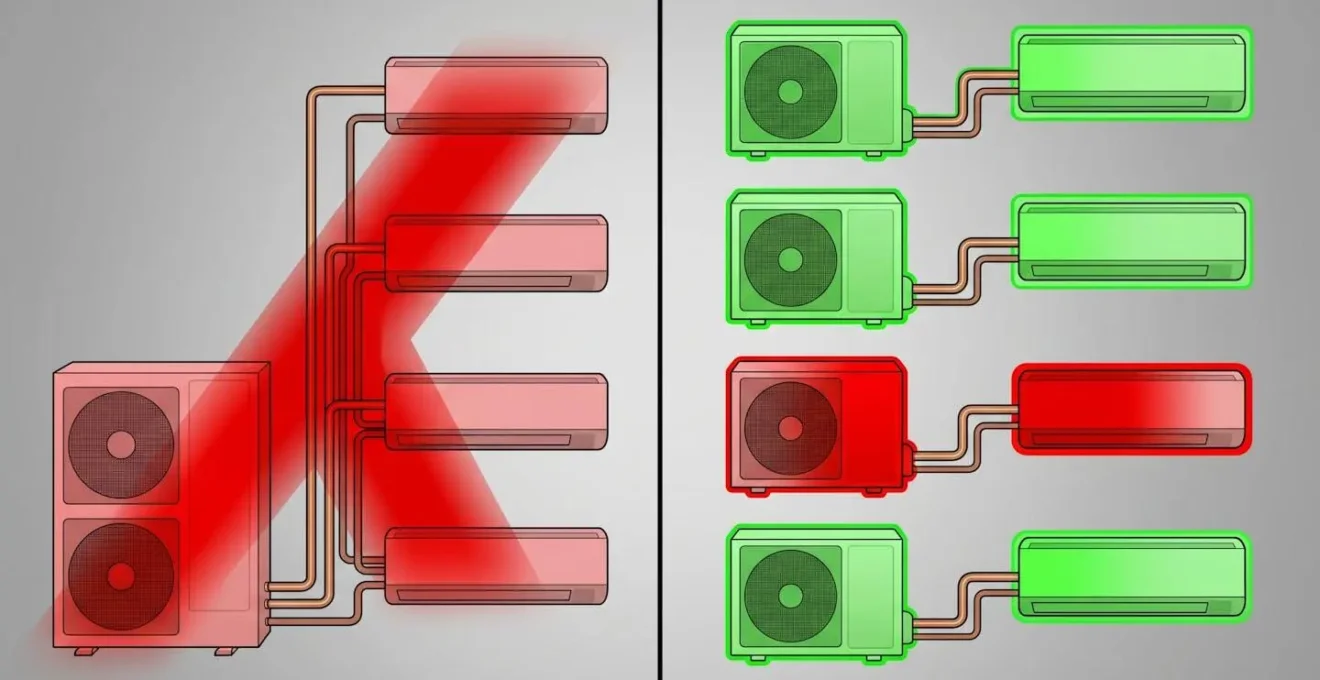 Schéma technique comparatif montrant l'impact d'une panne sur un système multi-split versus plusieurs mono-splits