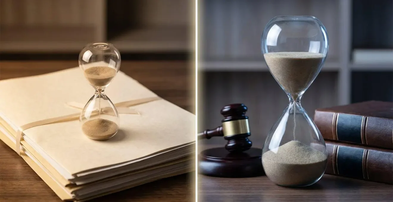 Représentation symbolique de deux chemins juridiques avec horloge et balance de justice