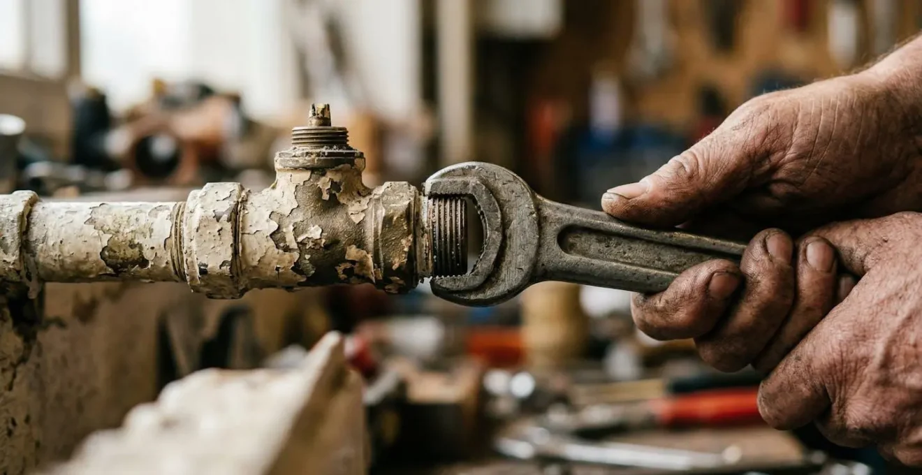 Gros plan sur le démontage d'un robinet de radiateur avec outils professionnels