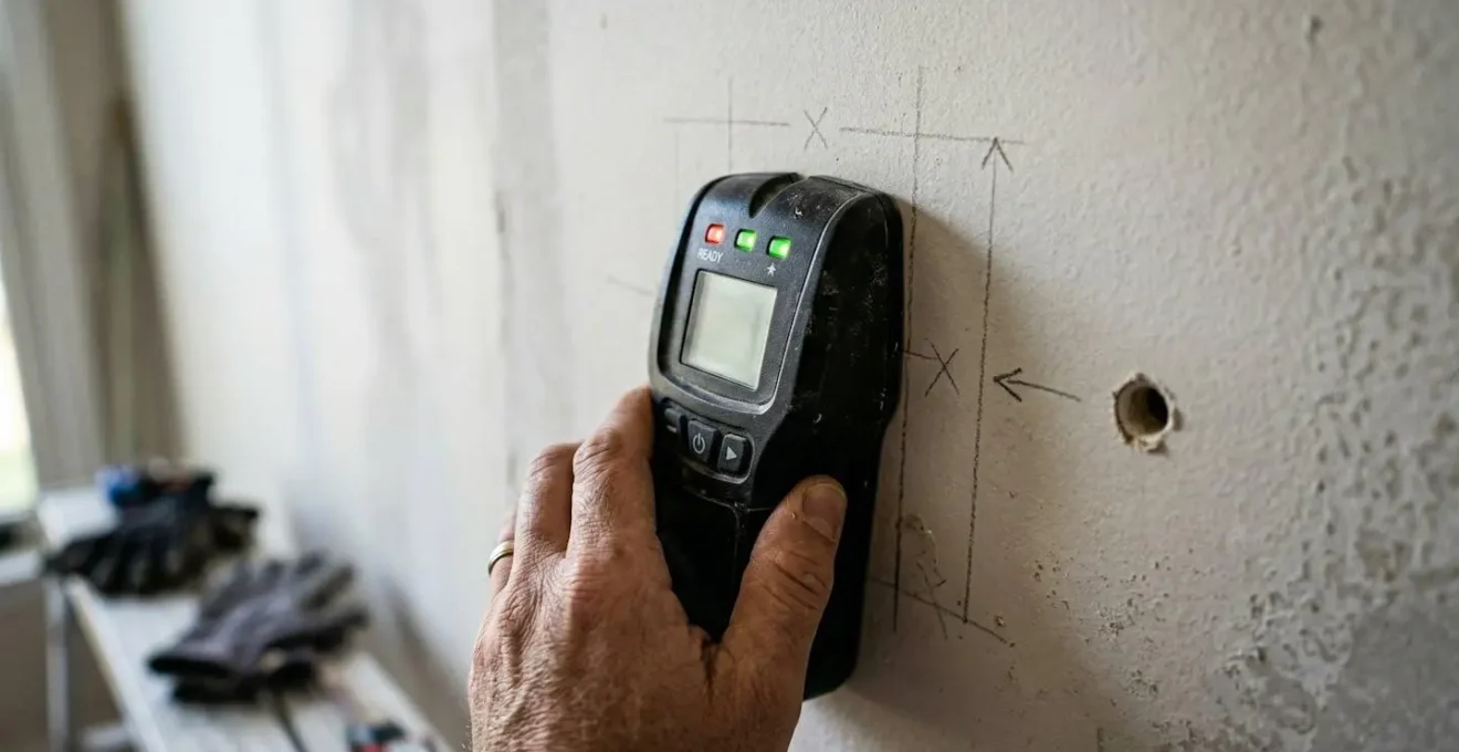 Détection précise des rails métalliques dans un mur avant perçage pour installation de climatiseur
