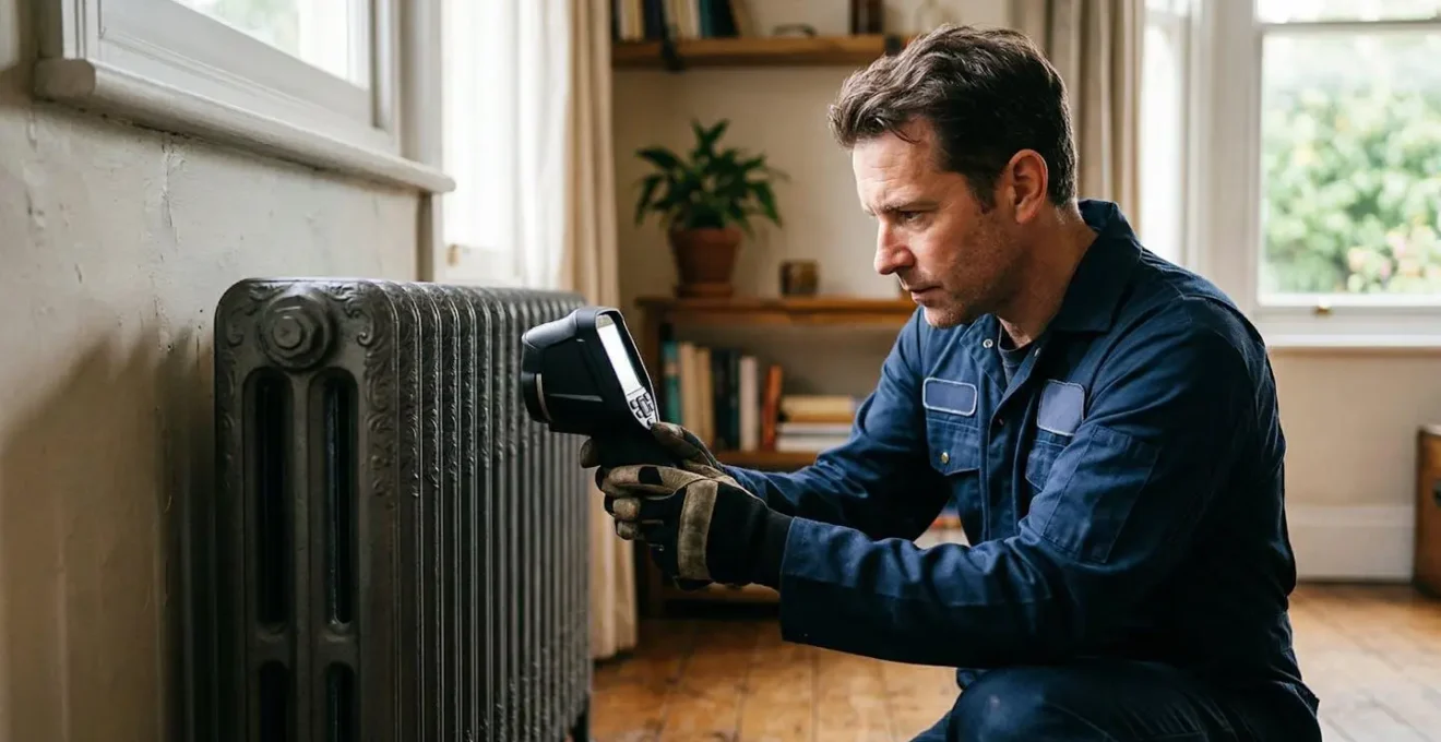 Diagnostic thermique d'un radiateur avec caméra infrarouge montrant les zones froides