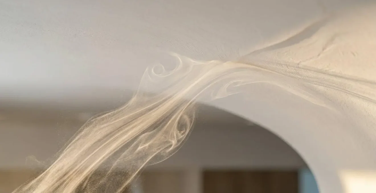 Vue macro des flux d'air chaud suivant le plafond par effet Coandă, particules de vapeur rendant visible le mouvement