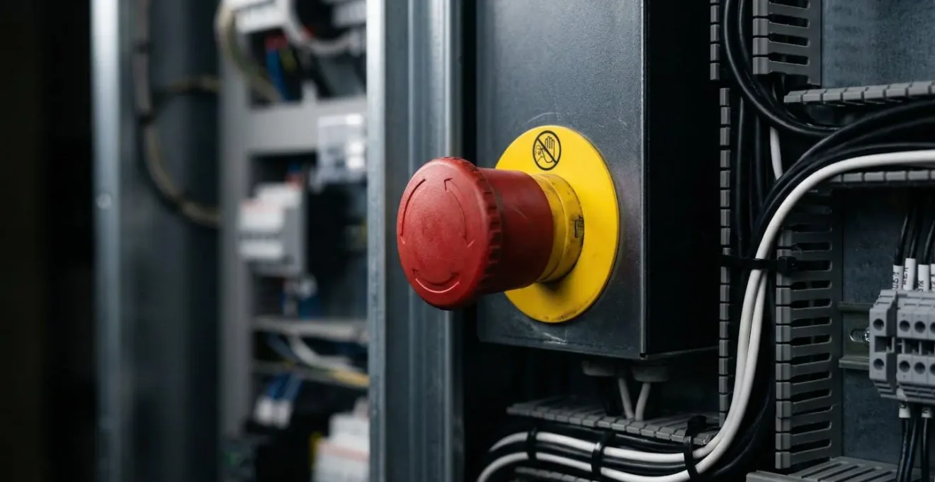 Dispositif d'arrêt d'urgence type coup de poing installé à proximité d'une entrée de local technique