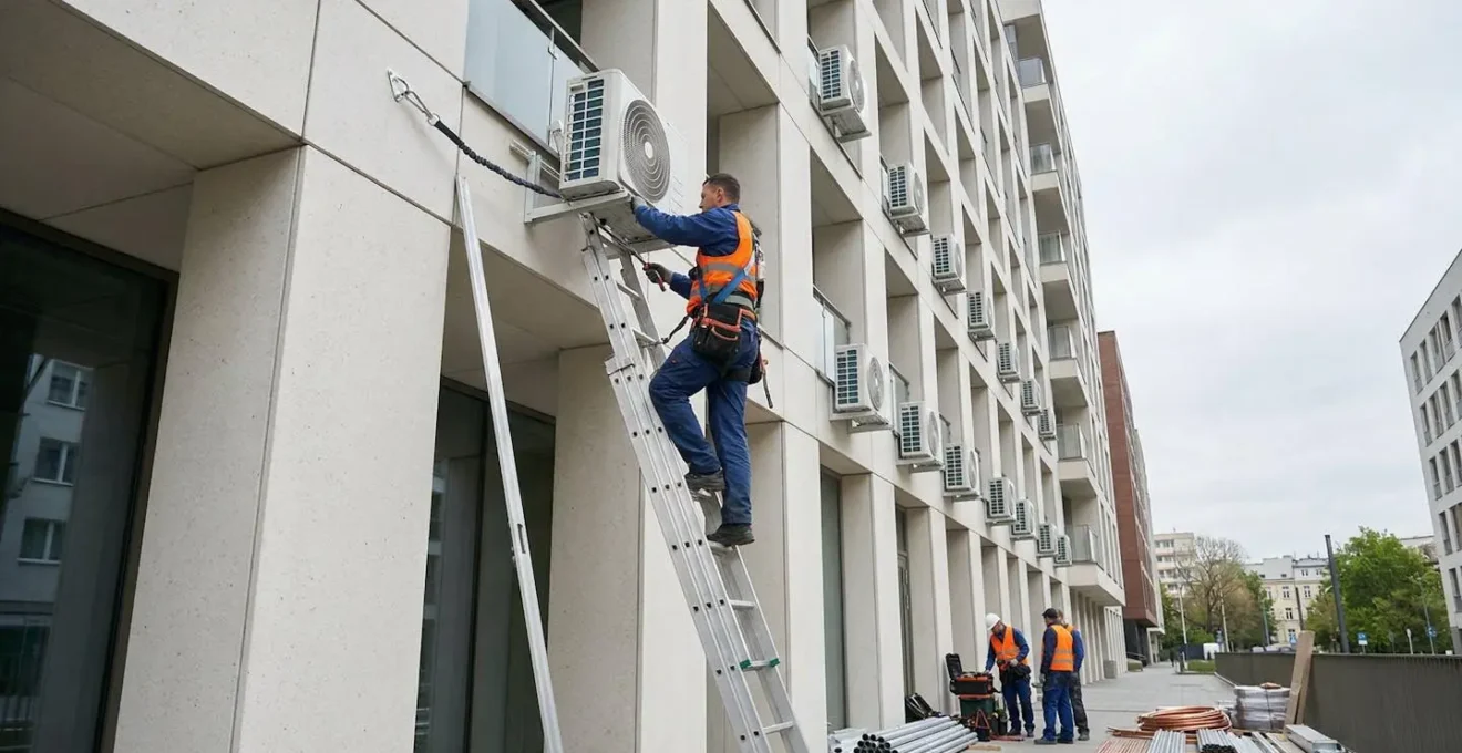 Installation professionnelle d'une unité extérieure de climatisation sur façade