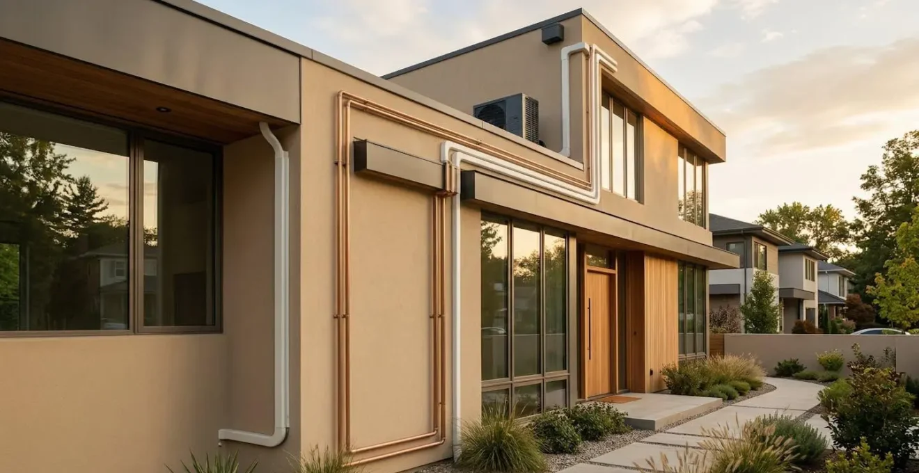 Façade de maison avec tuyaux de climatisation intégrés discrètement le long des angles architecturaux