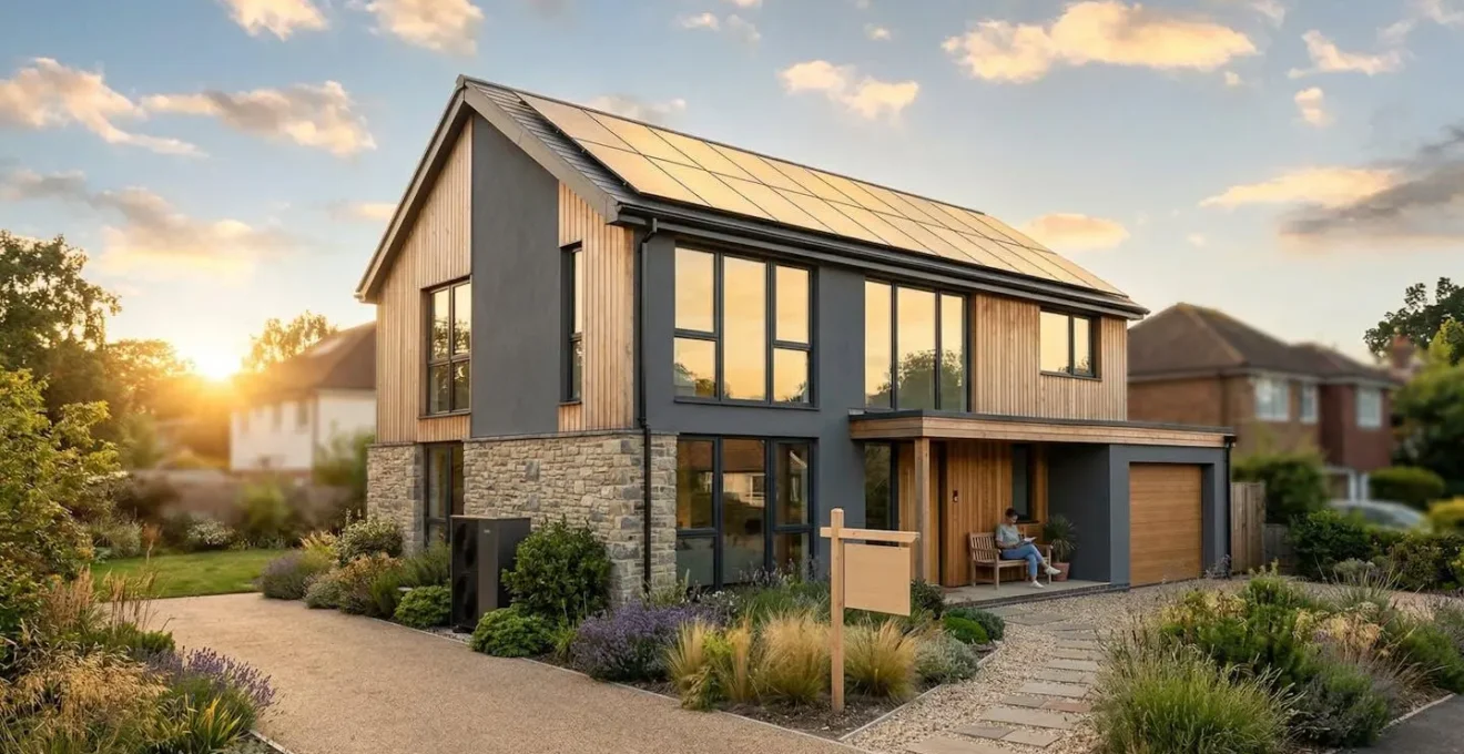 Vue extérieure d'une maison moderne avec panneaux solaires et pompe à chaleur visible, jardin soigné