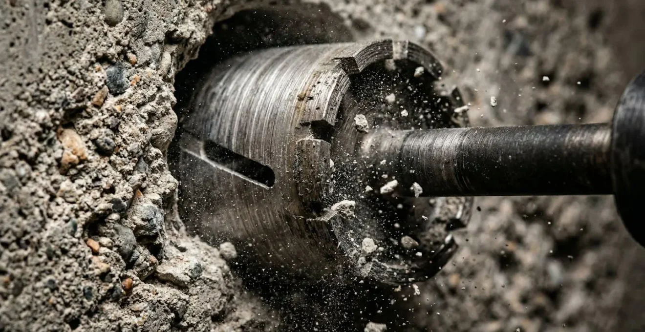Carotteuse diamant perçant un mur en béton armé pour passage de liaisons frigorifiques