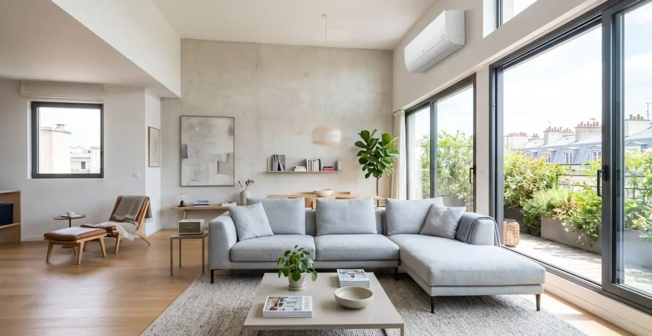 Un salon contemporain baigné de lumière naturelle avec une unité de climatisation murale discrète installée en hauteur