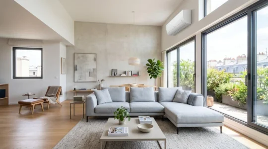 Un salon contemporain baigné de lumière naturelle avec une unité de climatisation murale discrète installée en hauteur