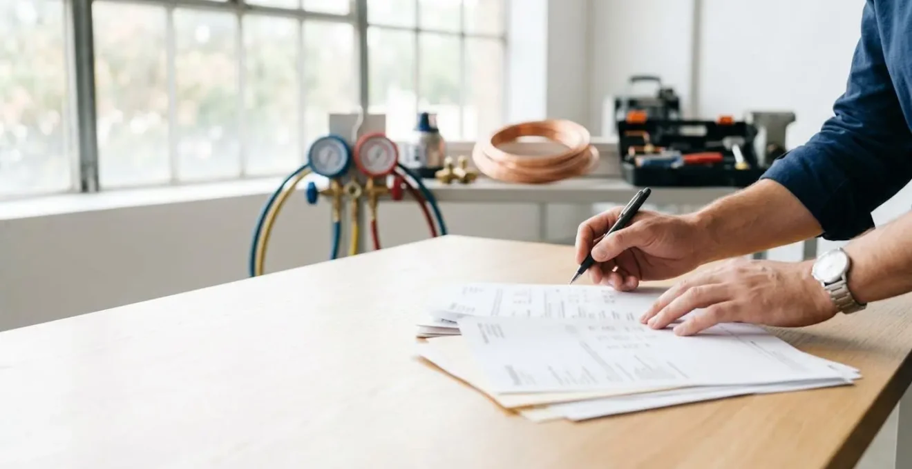 Mains professionnelles signant un document de réception sur un bureau avec outils de climatisation en arrière-plan