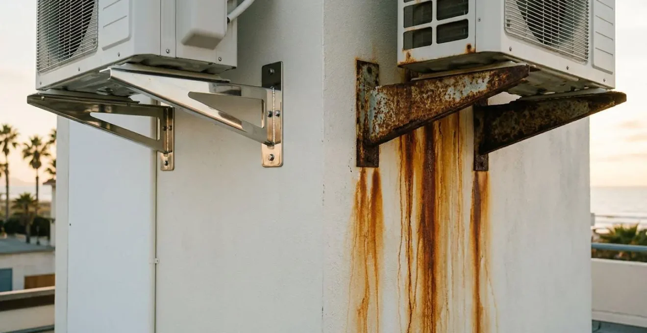 Comparaison entre support inox marine propre et équerre acier standard avec coulures de rouille sur façade