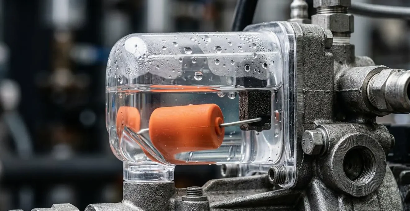 Gros plan technique sur un système de pompe de relevage avec flotteur de sécurité visible dans un bac à condensats transparent