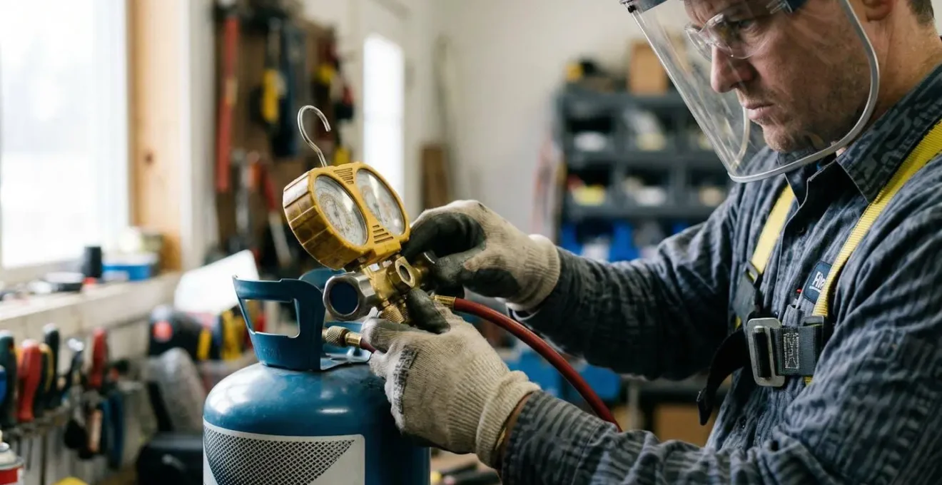 Technicien professionnel avec équipement de récupération de fluide frigorigène en action