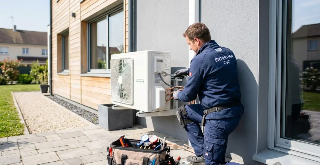 Un technicien vu de dos en train de fixer une unité extérieure de climatisation sur la façade d'une maison moderne lors d'un chantier d'installation