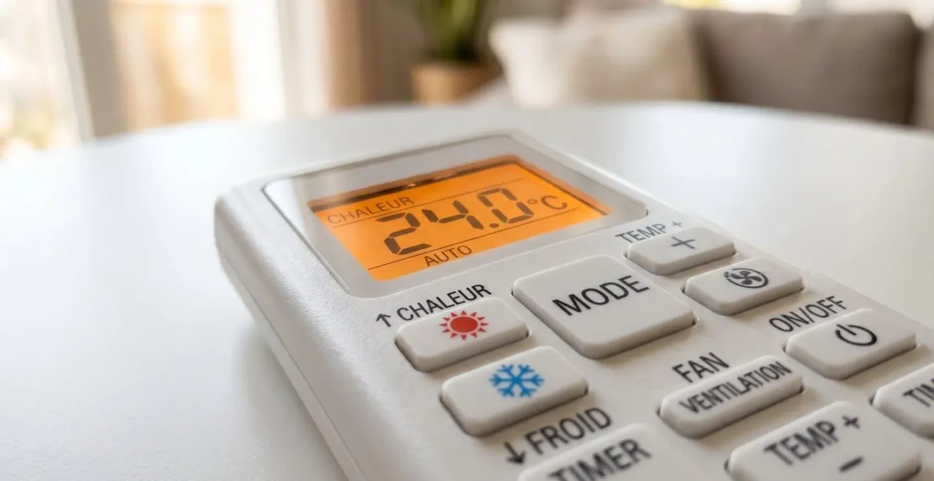Gros plan sur une télécommande de climatisation montrant l'écran digital avec température réglée et boutons de sélection des modes