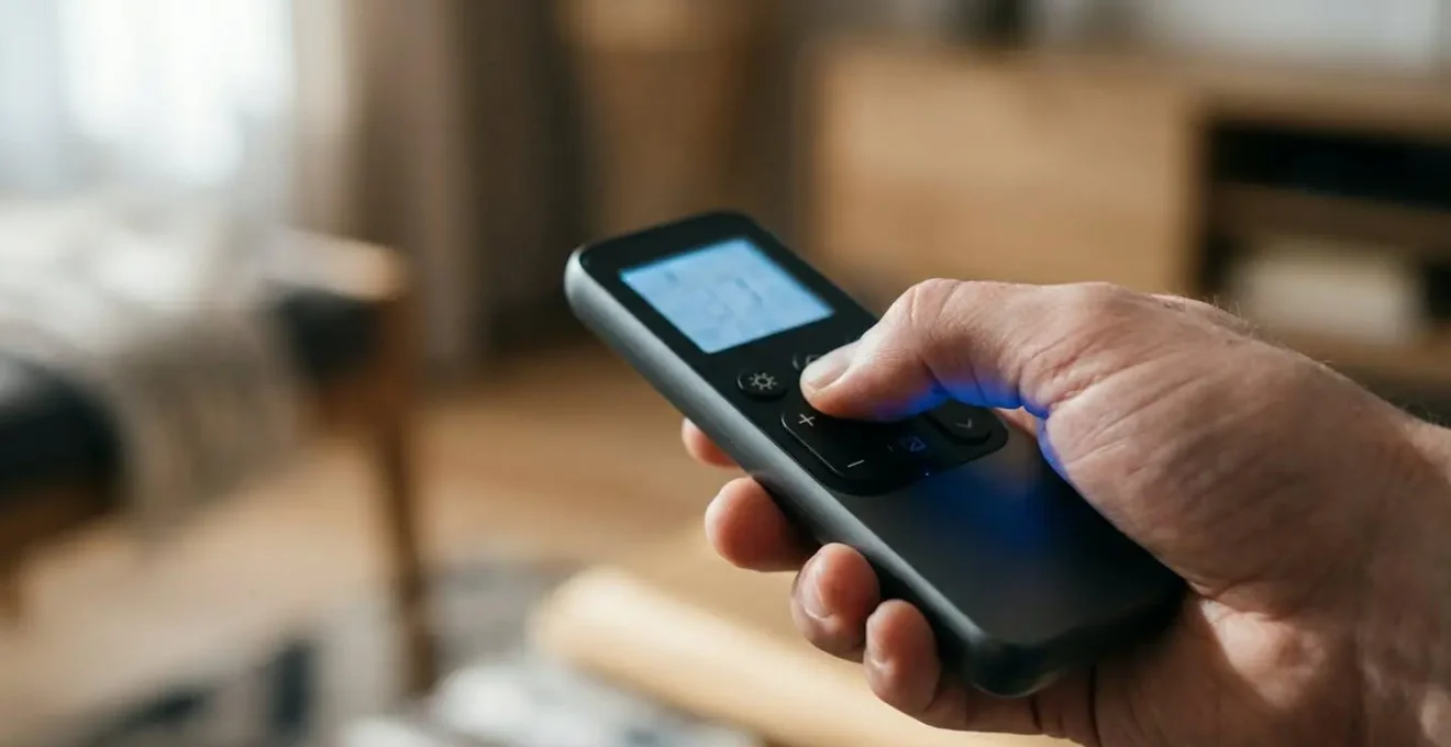 Main tenant une télécommande de climatisation moderne avec écran rétroéclairé, doigt pointant vers les boutons de mode