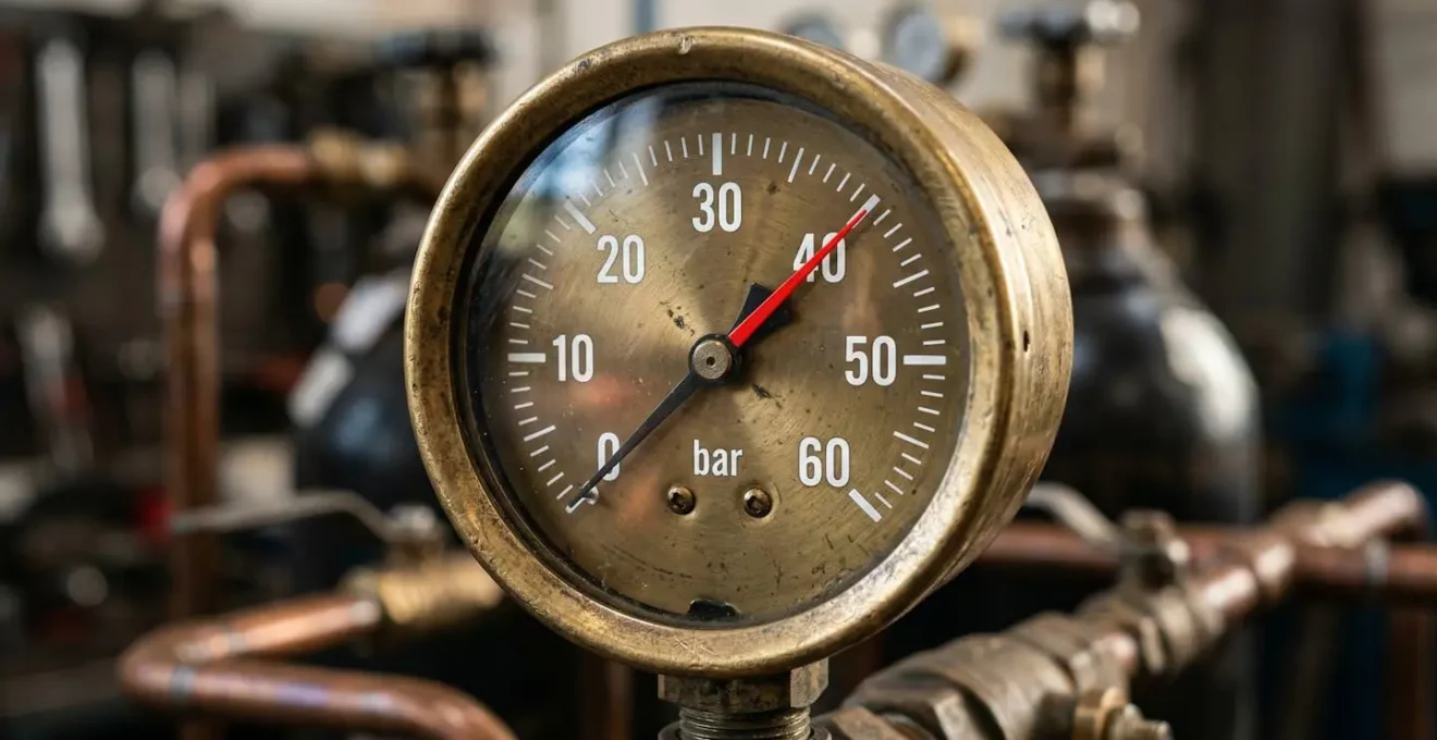 Manomètres affichant 40 bars lors d'un test d'étanchéité à l'azote