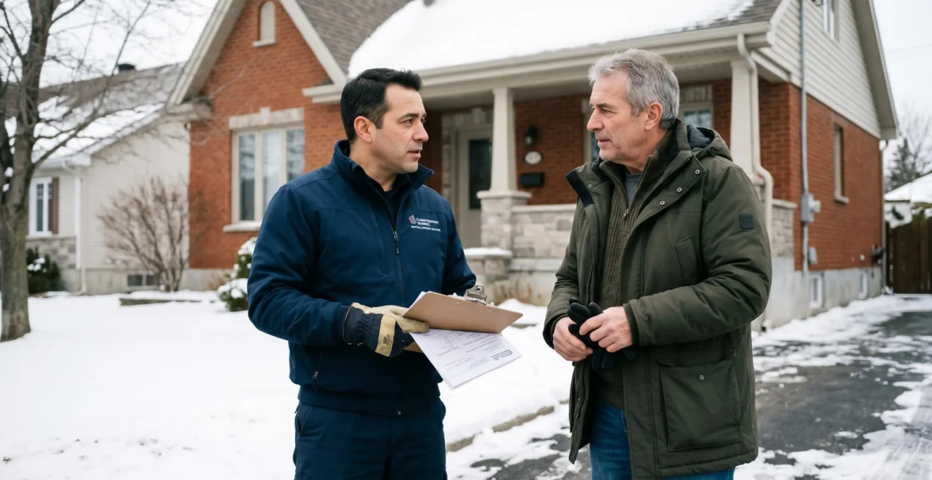 Entrepreneur HVAC certifié RBQ et propriétaire résidentiel en discussion professionnelle devant maison québécoise en hiver, plans techniques sur clipboard