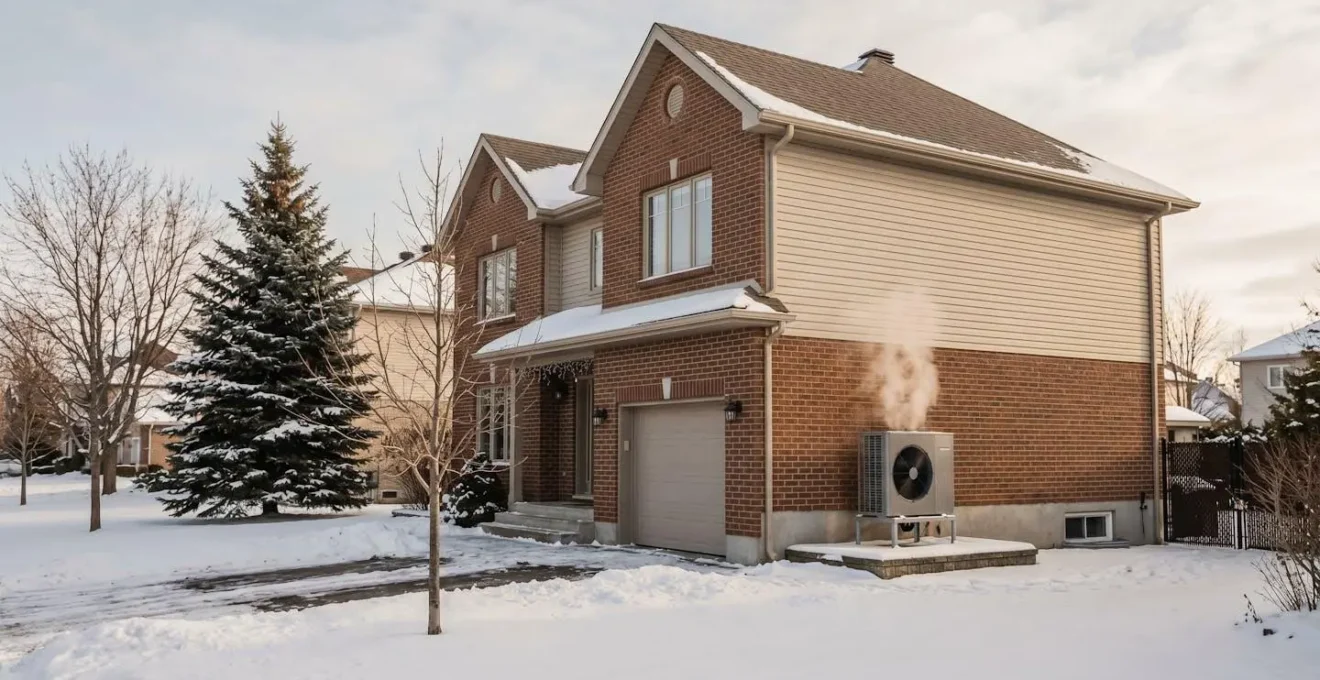 Maison résidentielle québécoise en hiver avec unité extérieure de thermopompe air-air en fonctionnement, neige au sol, vapeur visible par temps froid