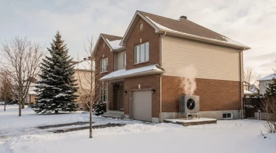 Maison résidentielle québécoise en hiver avec unité extérieure de thermopompe air-air en fonctionnement, neige au sol, vapeur visible par temps froid