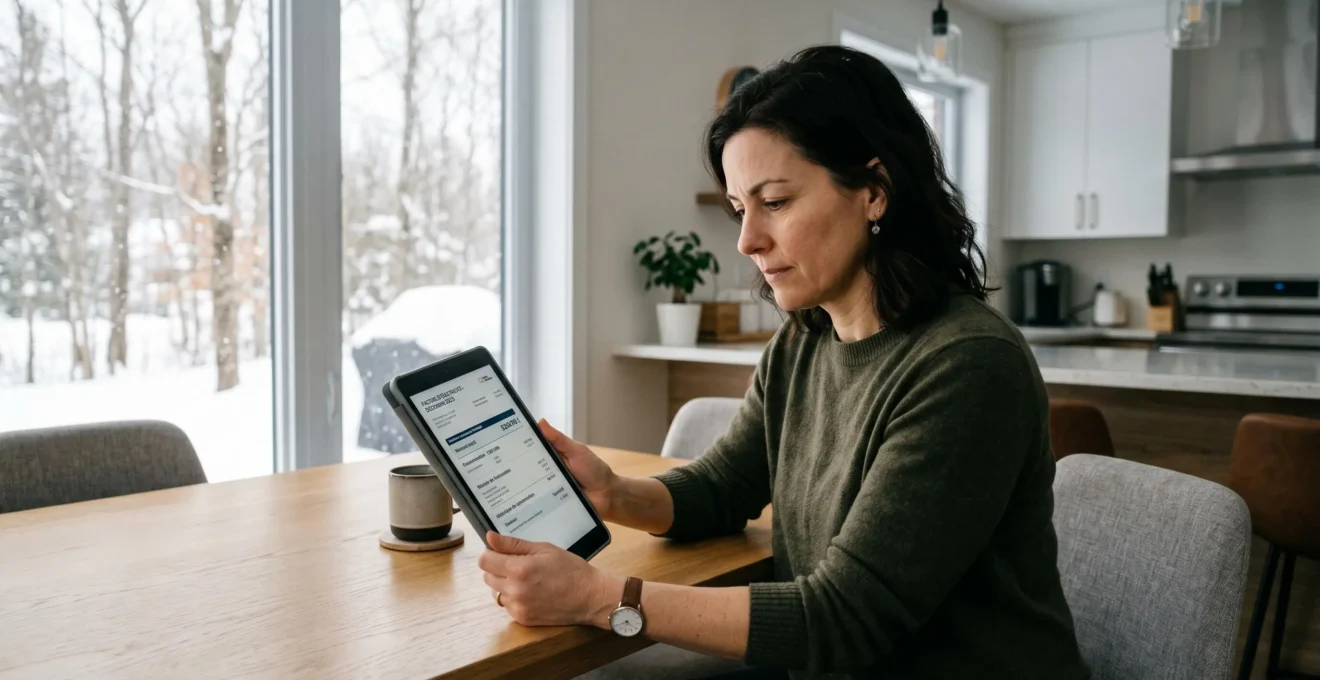 Propriétaire québécoise analysant sa facture d'électricité Hydro-Québec sur tablette numérique à table, fenêtre montrant paysage hivernal en arrière-plan